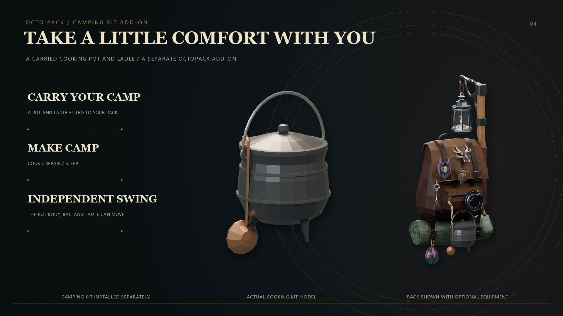 Optional Camping Kit with cooking pot and ladle, shown separately and attached to the backpack