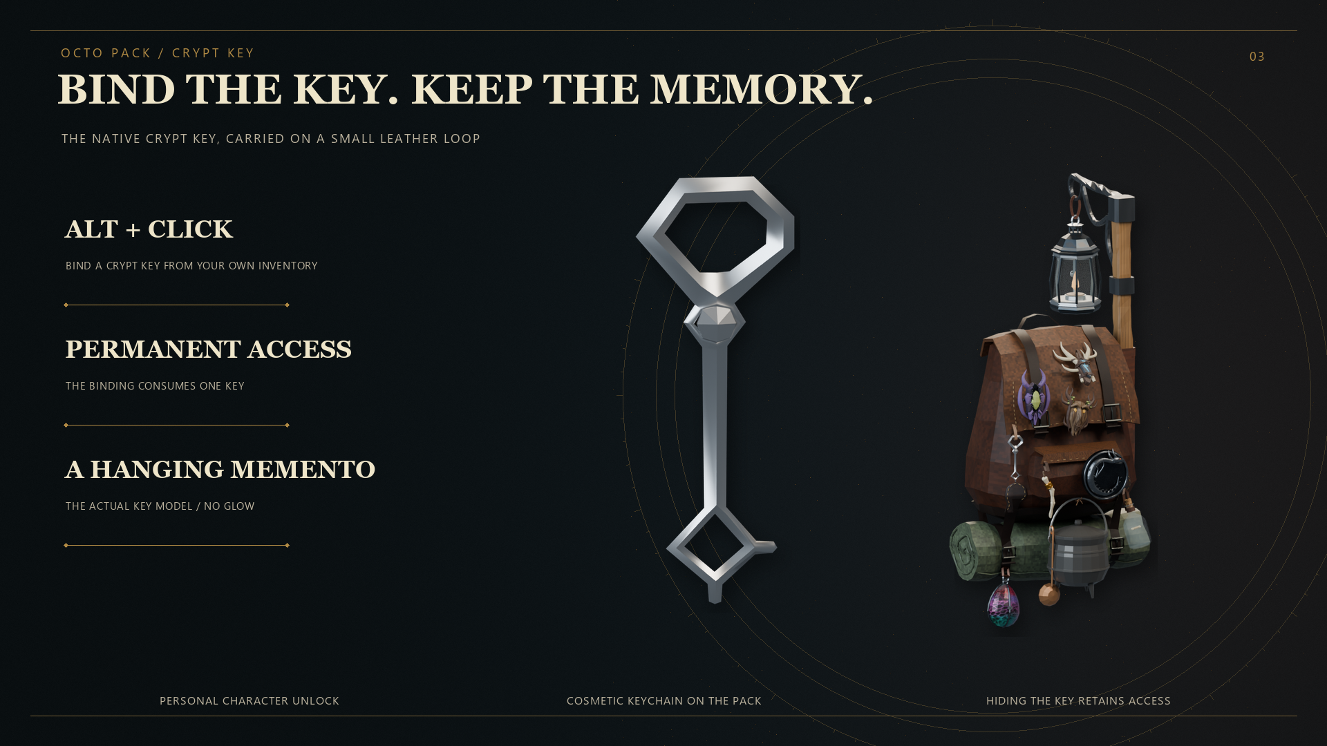 Crypt key binding, permanent character access and the cosmetic keychain on the pack