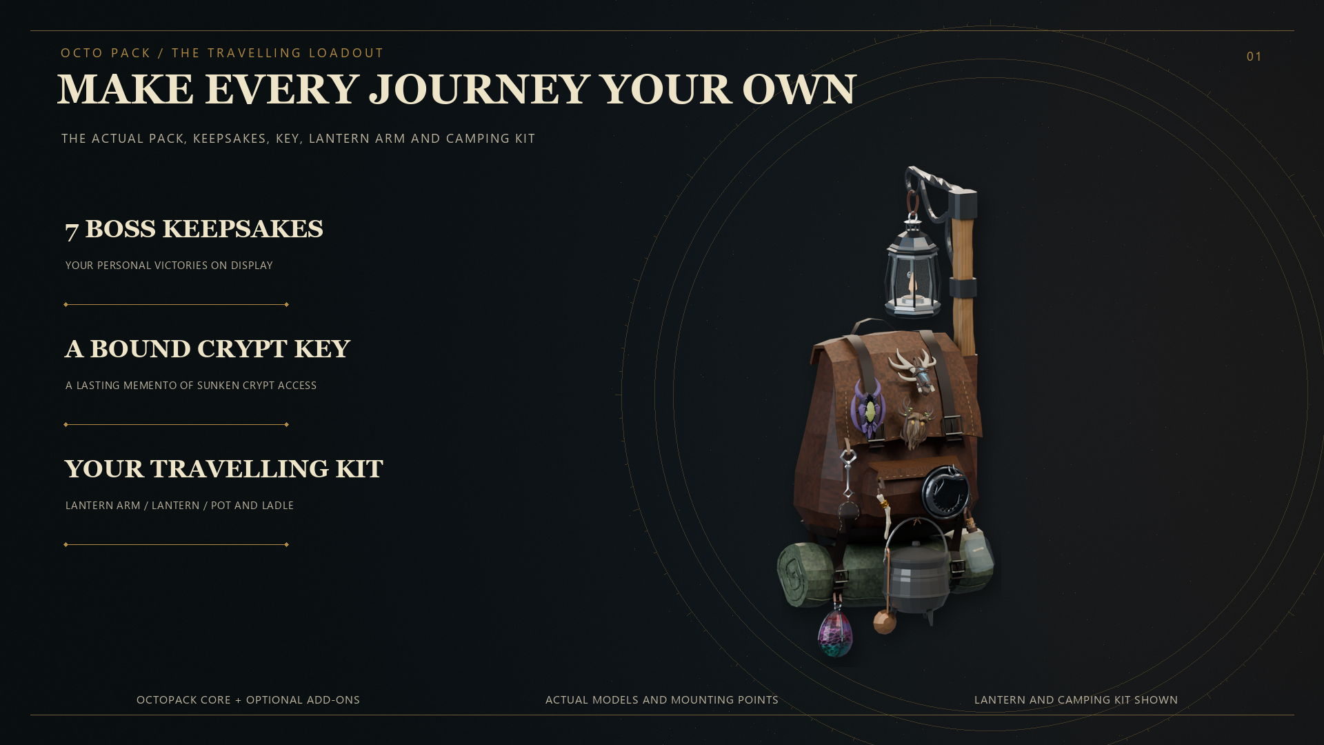 OctoPack travelling loadout with boss keepsakes, bound crypt key, lantern arm, lantern and camping kit