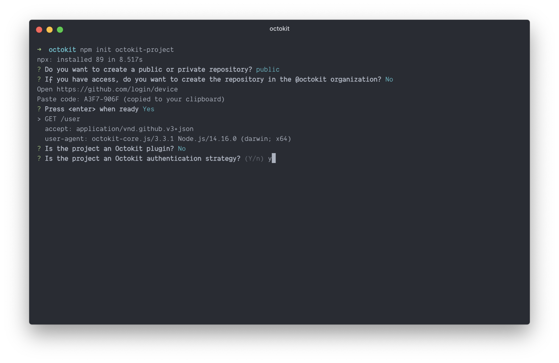 Screenshot of a terminall running npm init octokit-project