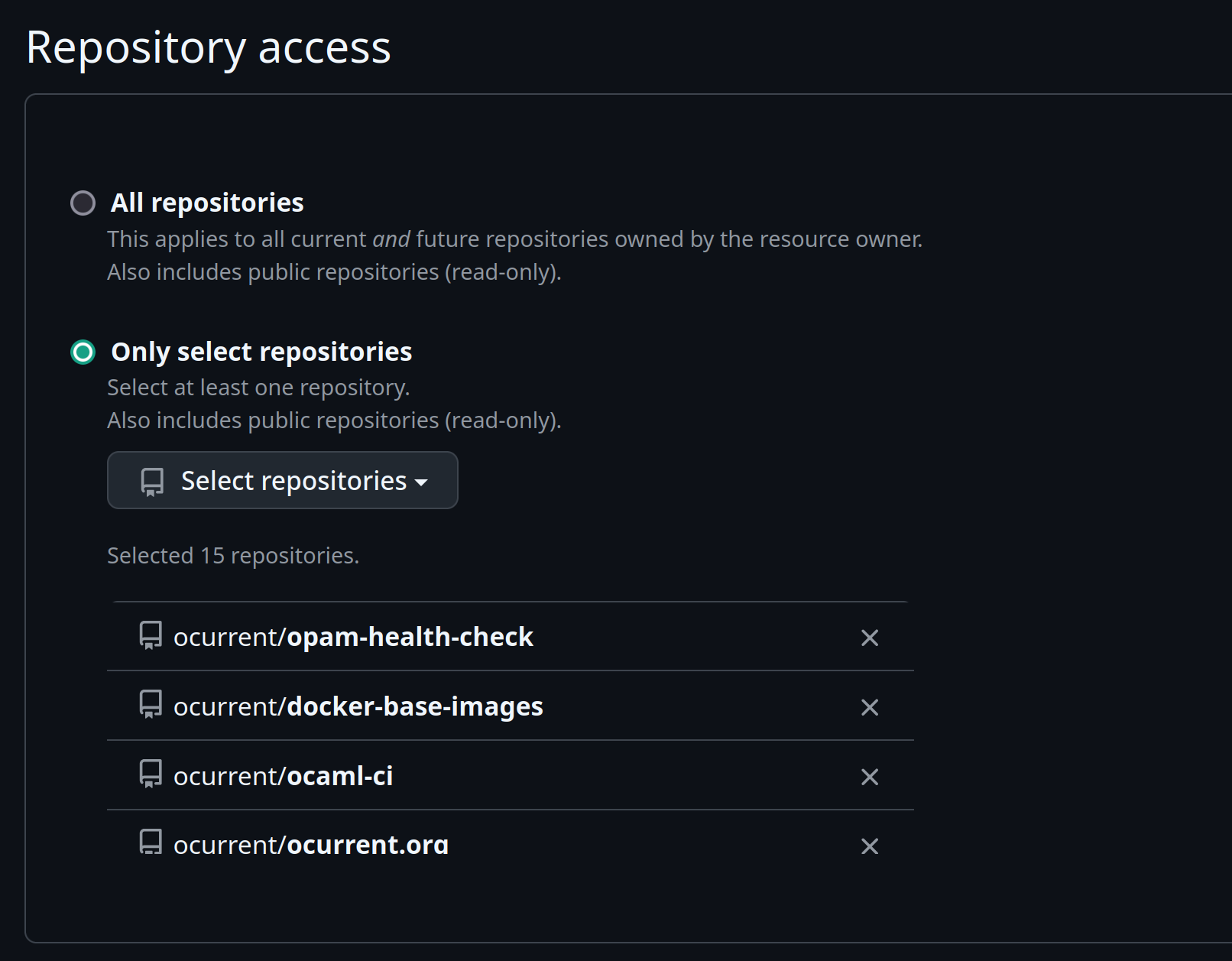 A picture of the GitHub Apps Repository access panel
