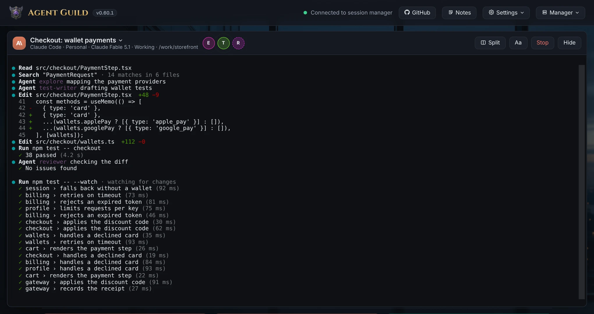 A Claude Code session's terminal, with its helper agents in the header