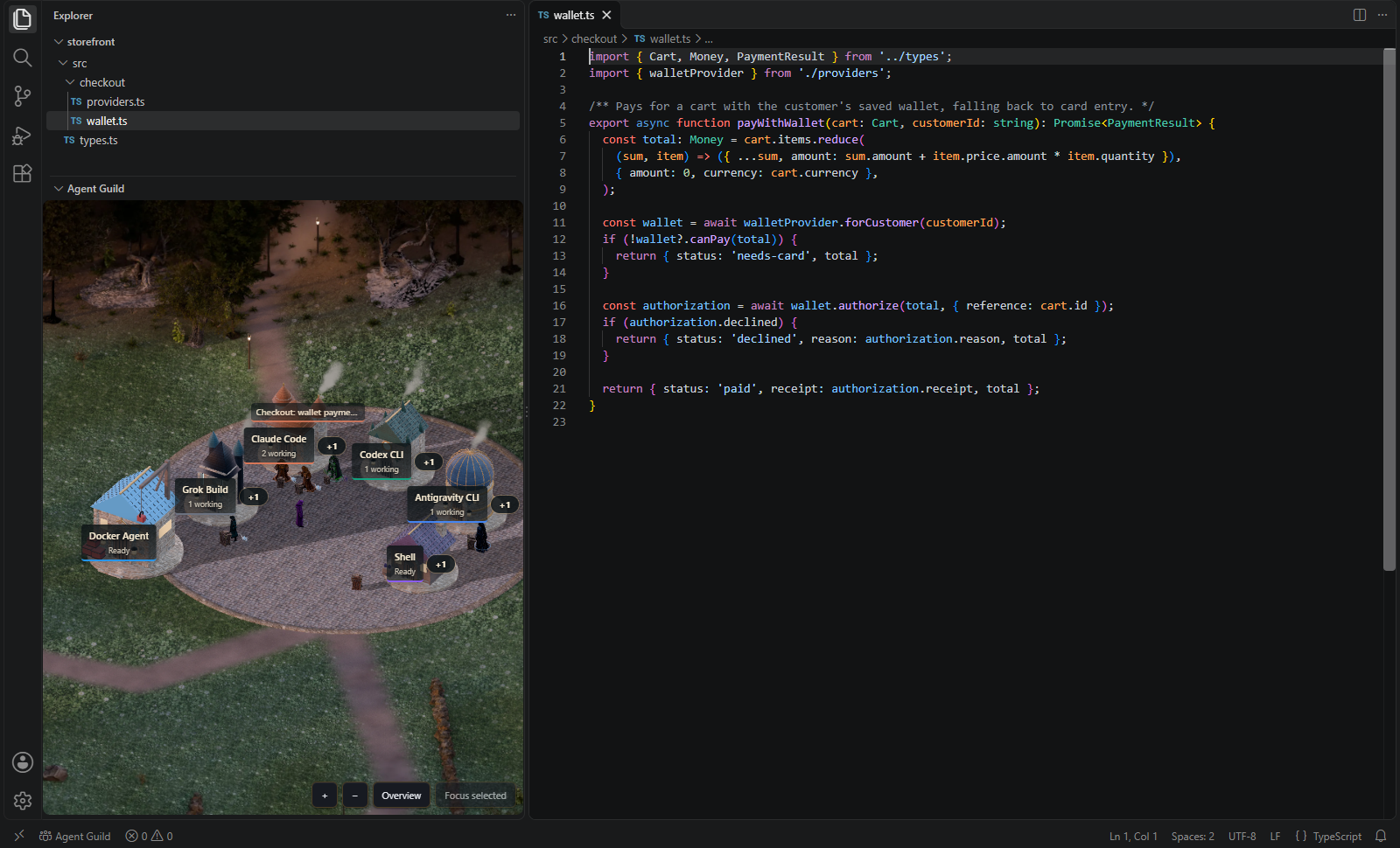 VS Code with the Agent Guild view in the Explorer showing the Guild Yard beside a TypeScript file, with Claude Code, Codex CLI, Antigravity CLI, Grok Build and Shell sessions at their halls (demo sessions)
