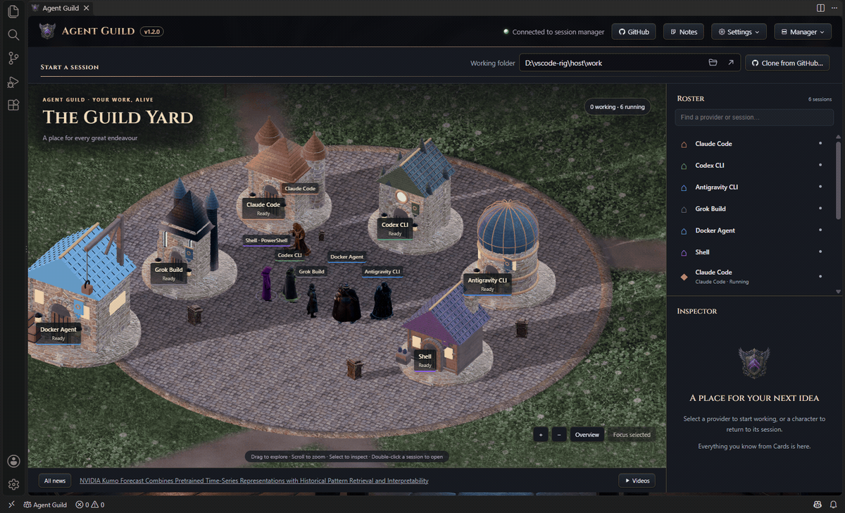 Six real agent sessions in the Guild Yard: the characters walk to their halls and start working, then Claude Code's terminal opens with its three helper agents