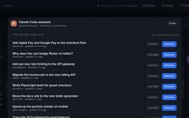 Claude Code's earlier sessions, each with a Resume button