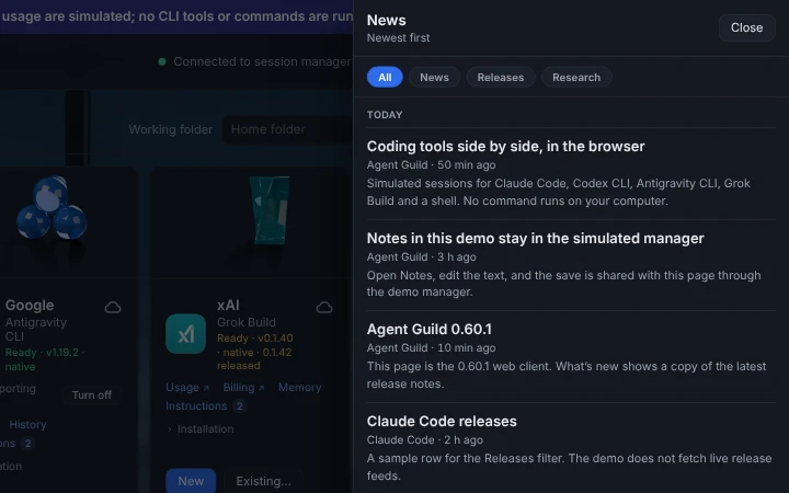 The news panel, filtered by news, releases and research