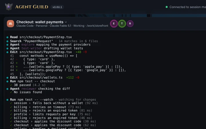 A Claude Code session's terminal, with its helper agents in the header