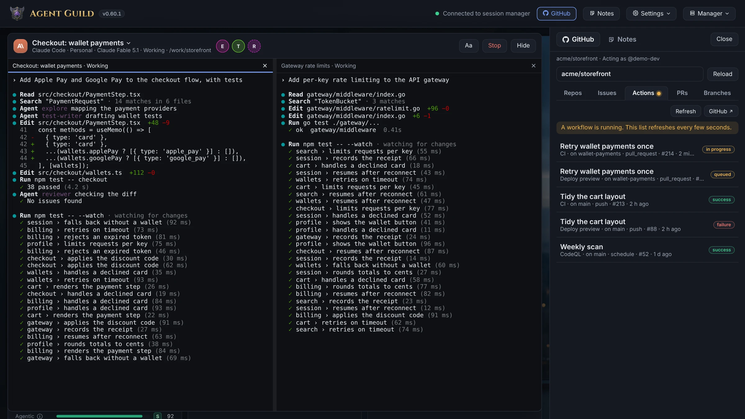 Two terminals side by side with the GitHub panel showing the workflow runs of the focused terminal's repository
