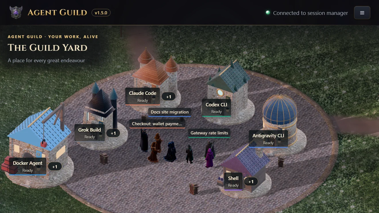 Seven coding-agent sessions as characters in the Guild Yard: they leave the plaza for their tools' halls and get to work, then a double-click on one opens Claude Code's real terminal, with its three helper agents