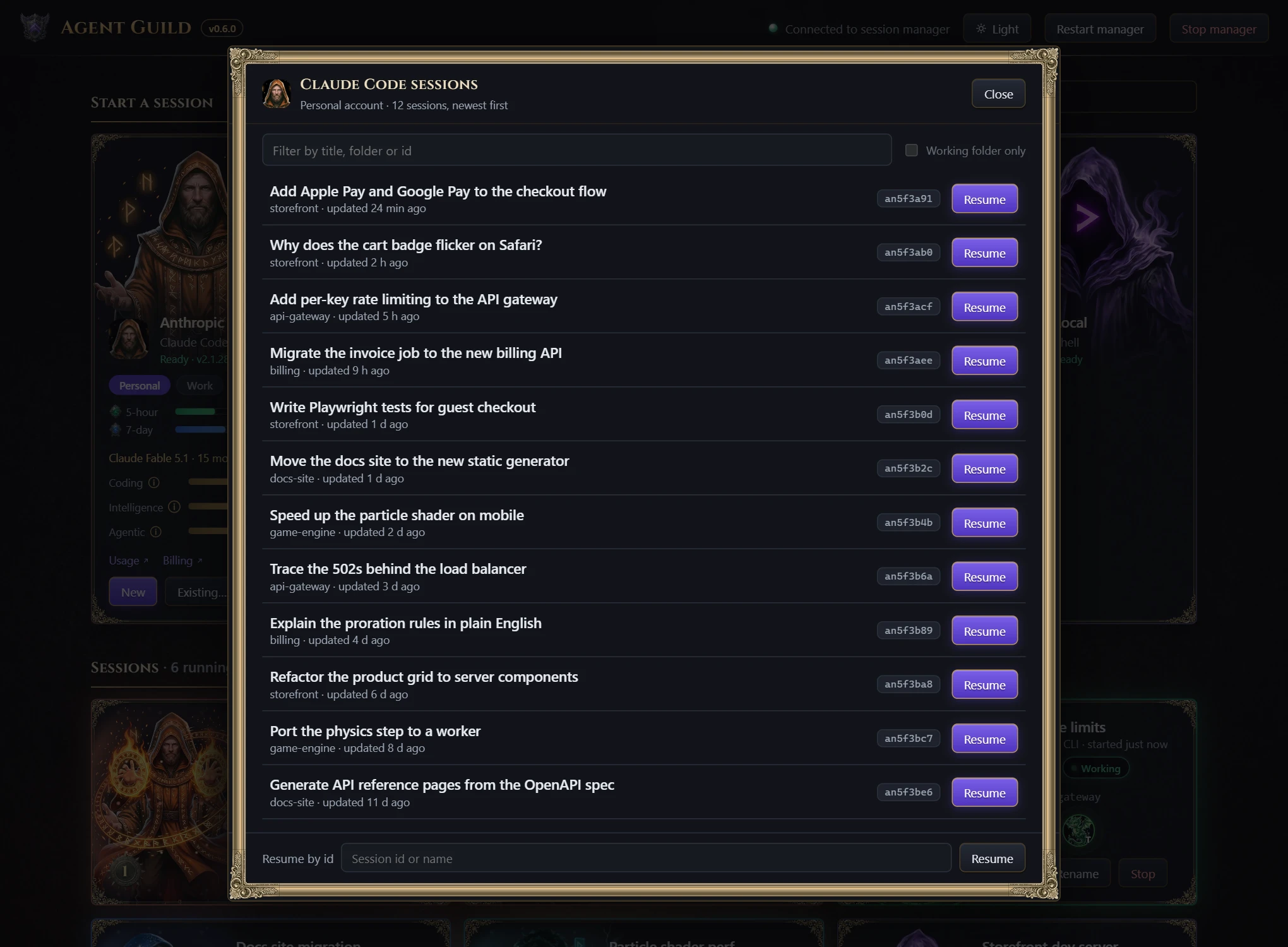 The Claude Code session history with a filter and Resume buttons