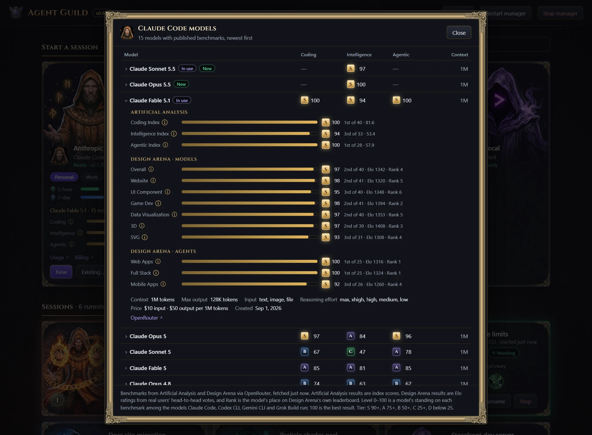 The Claude Code models dialog with benchmark tiers for each model