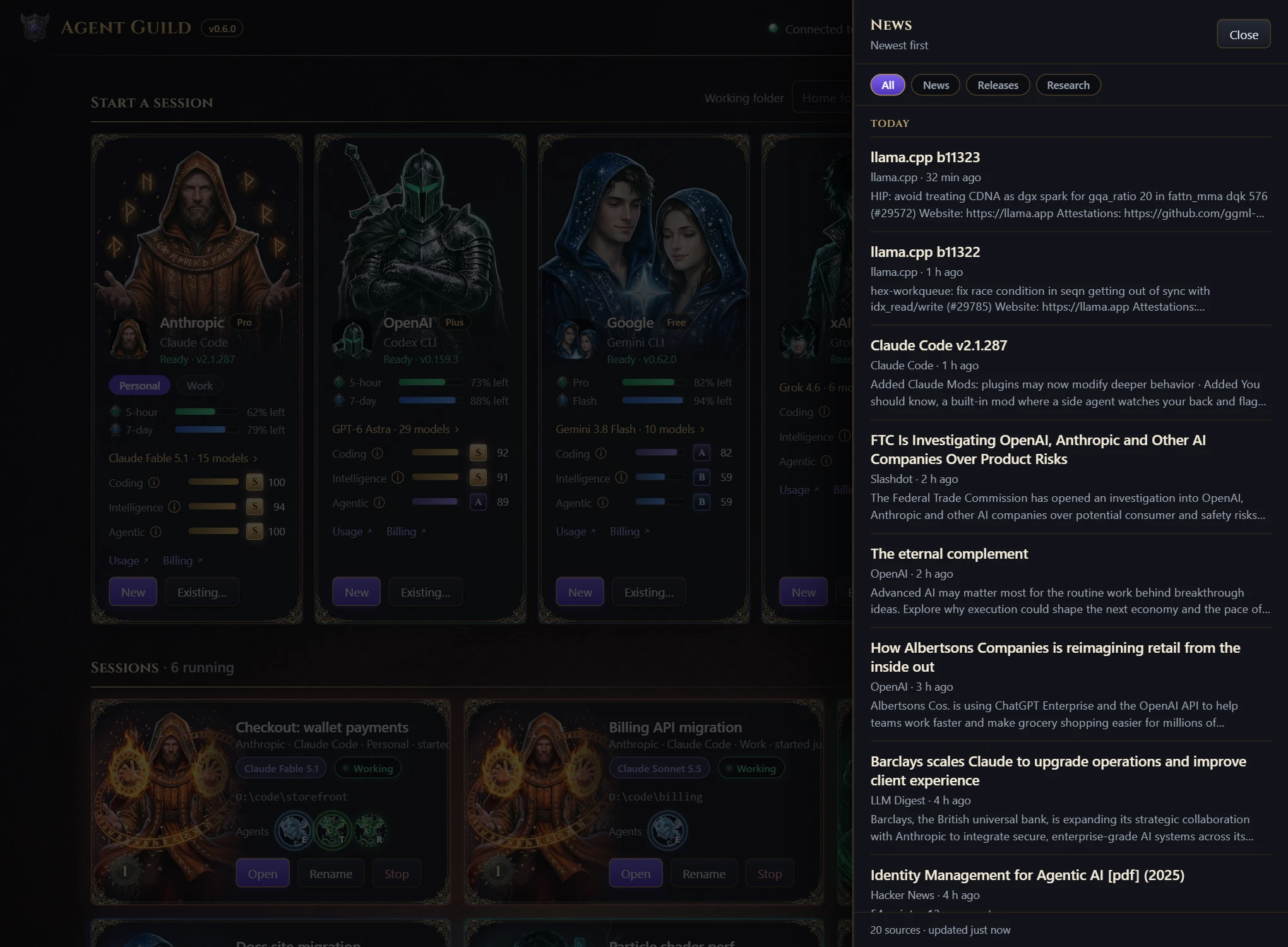 The news panel with today's items from news sources and tool releases