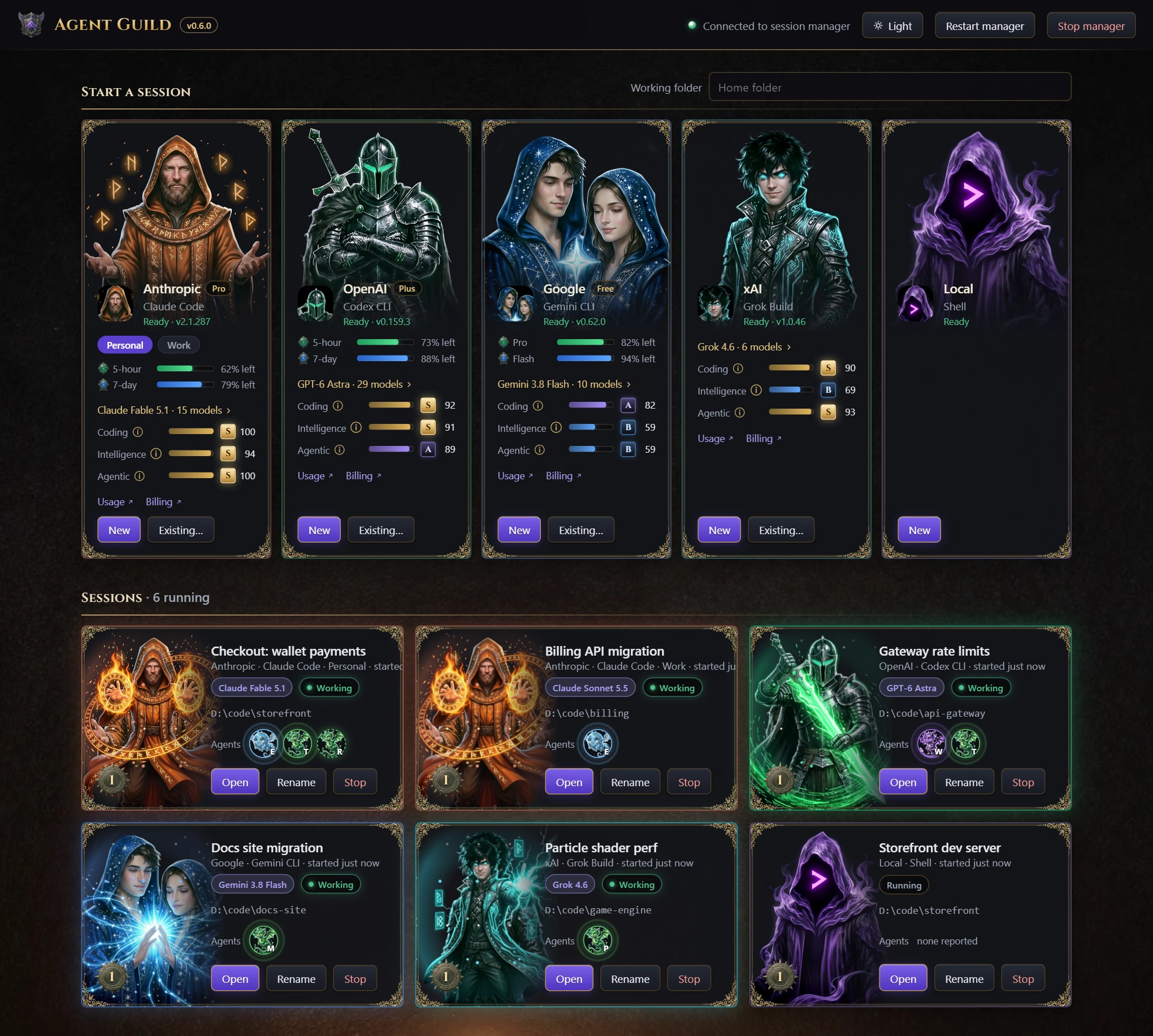 Agent Guild with one card per coding tool and six sessions at work