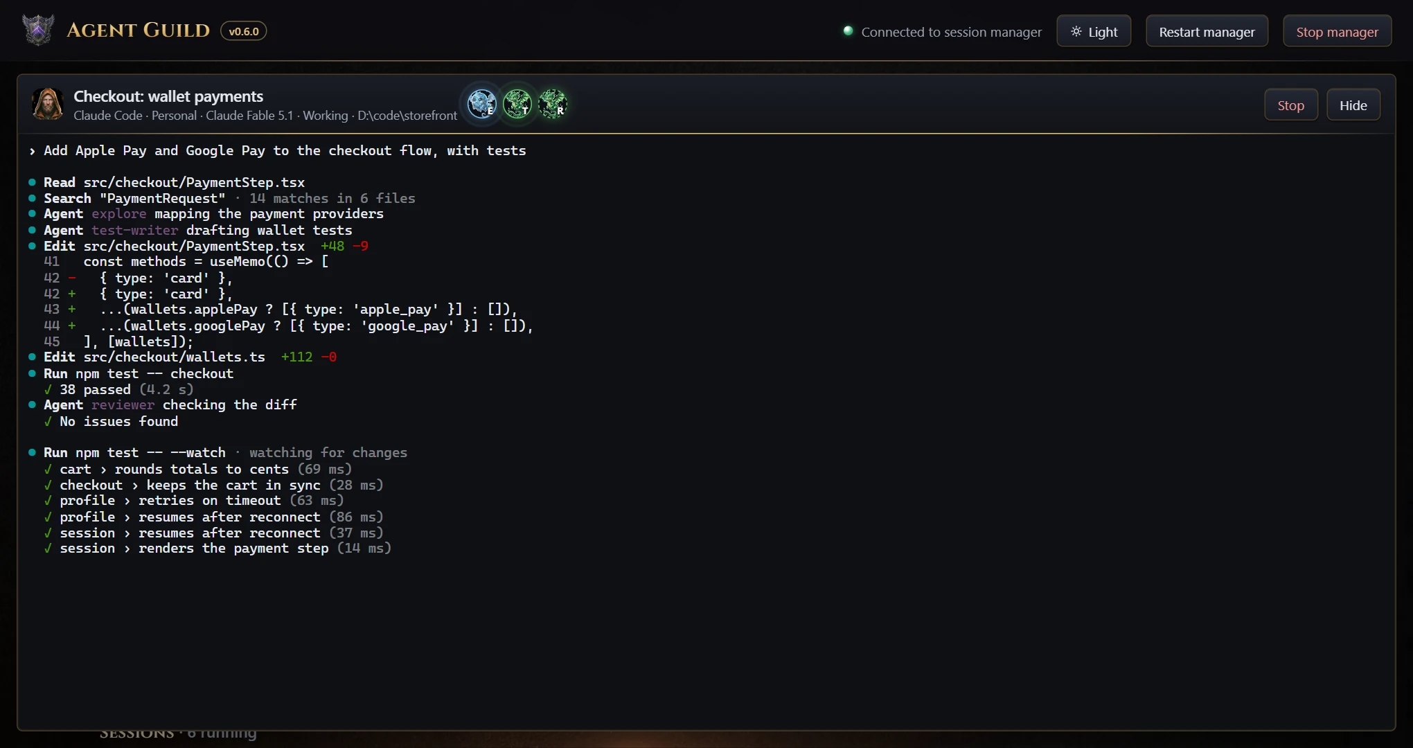 An open Claude Code session with its helper agents shown in the header
