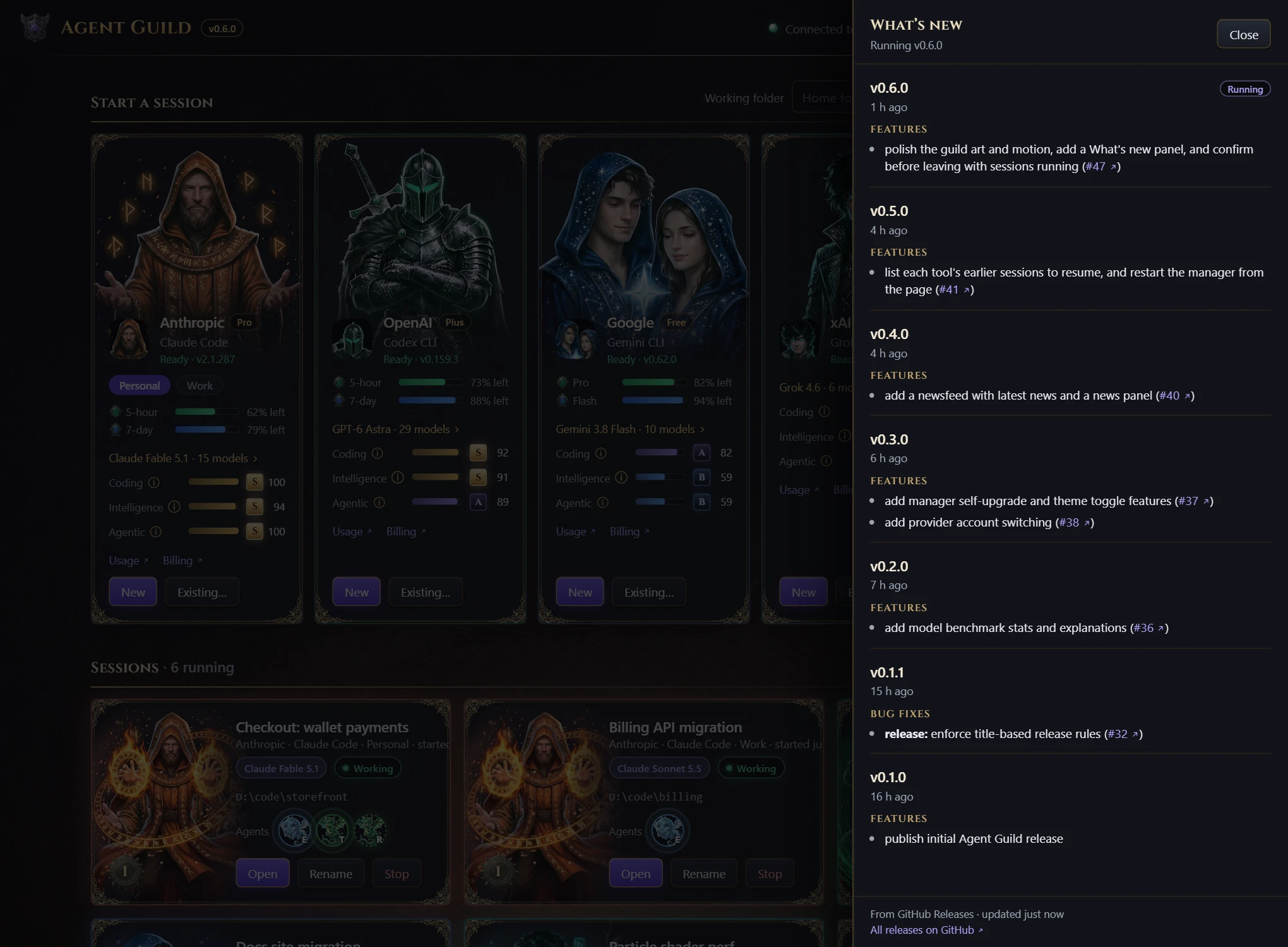 The What's new panel listing the release notes of each version