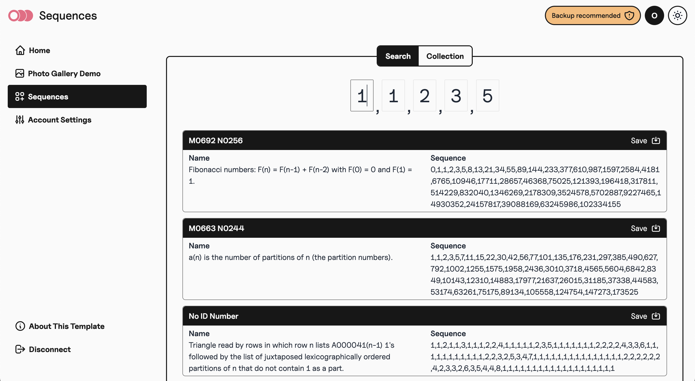 Sequences search screenshot