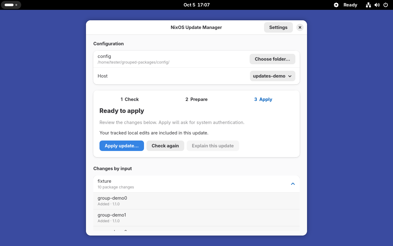 NixOS Update Manager showing grouped package changes