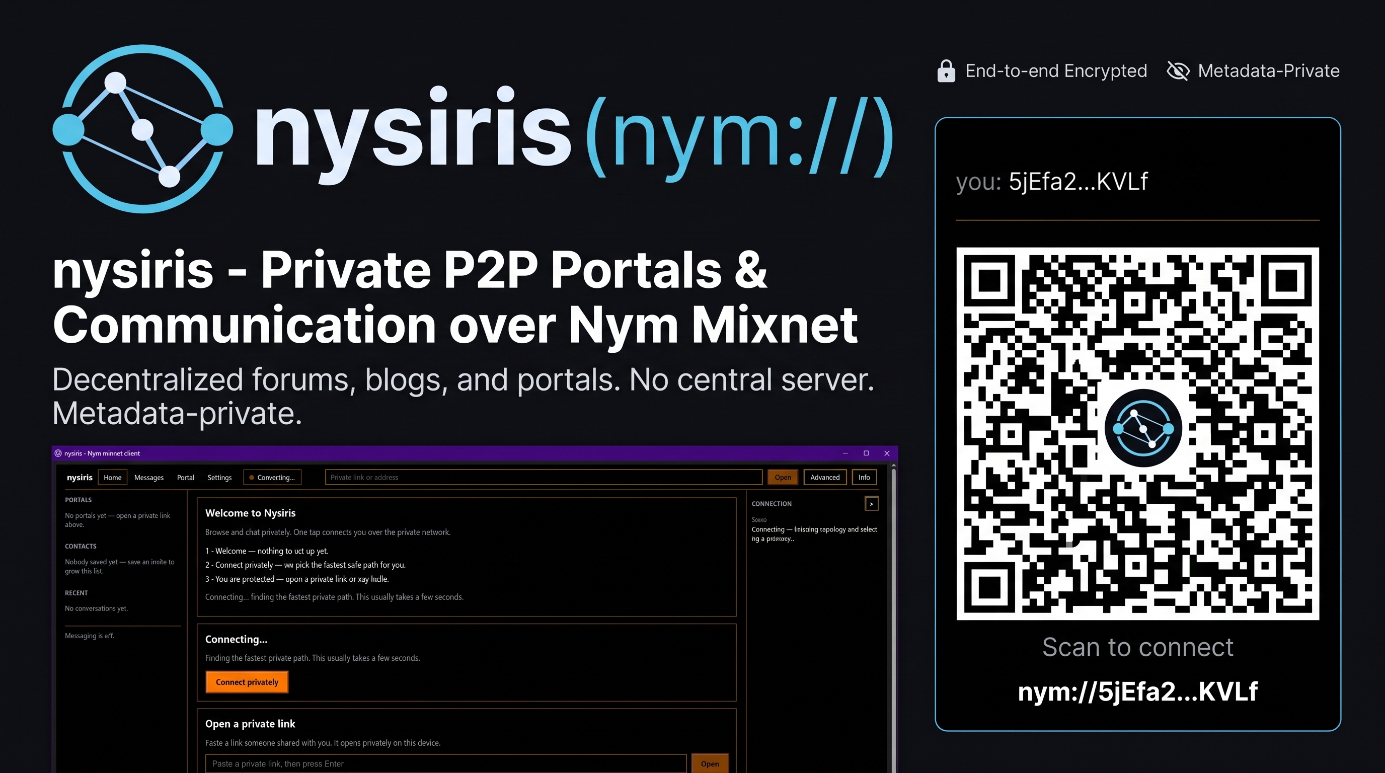Nysiris overview — private P2P portals and communication over the Nym mixnet