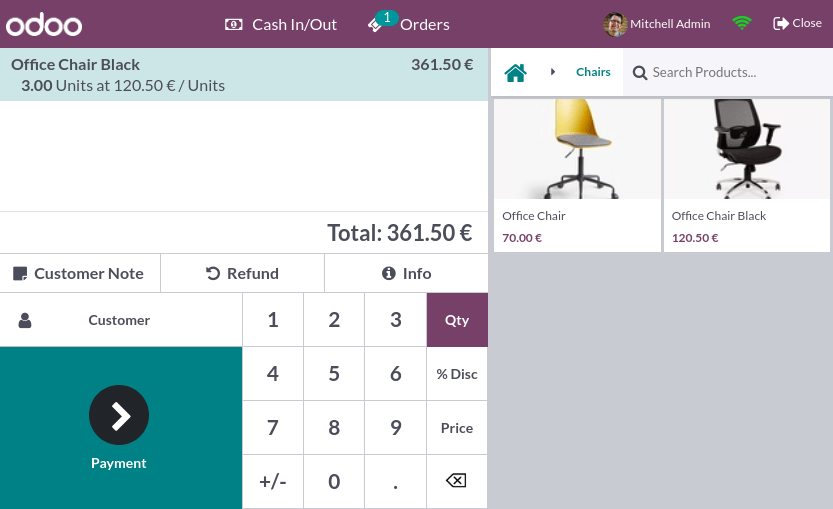 Odoo POS session interface with product catalogue and order panel