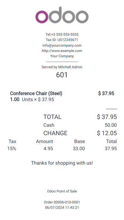 Odoo POS customer receipt