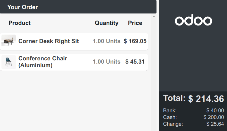 Odoo POS customer-facing display showing the running order