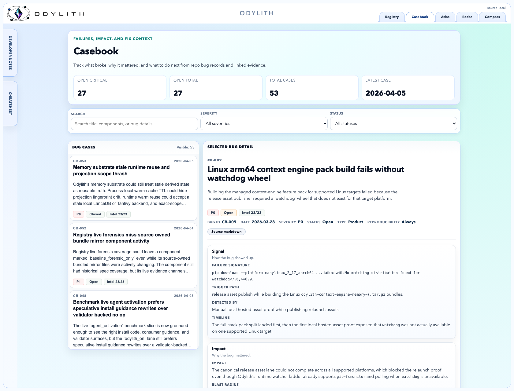 Odylith Casebook surface inside the Odylith shell