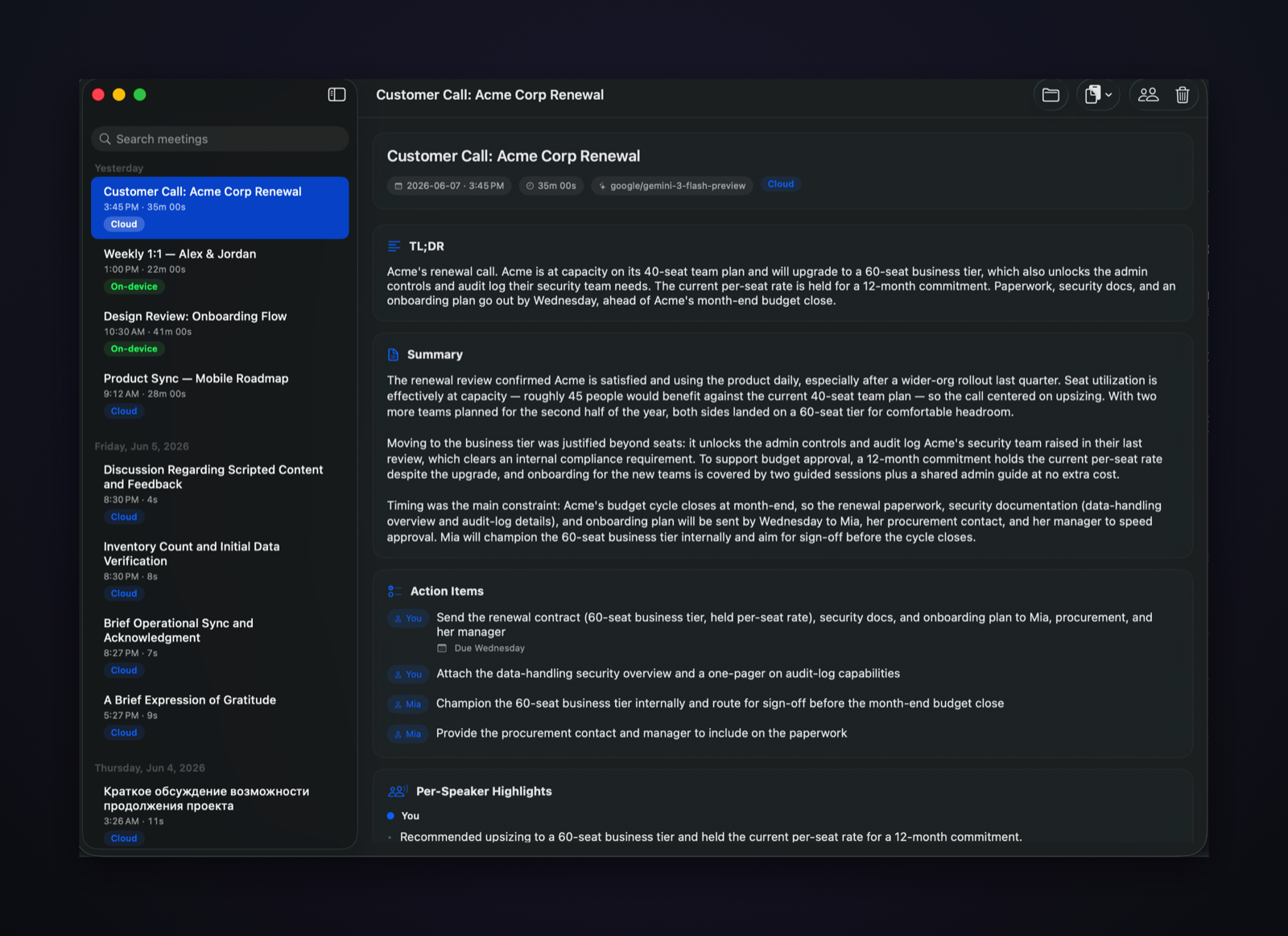 The History window: a day-grouped meeting list beside a full transcript and AI summary