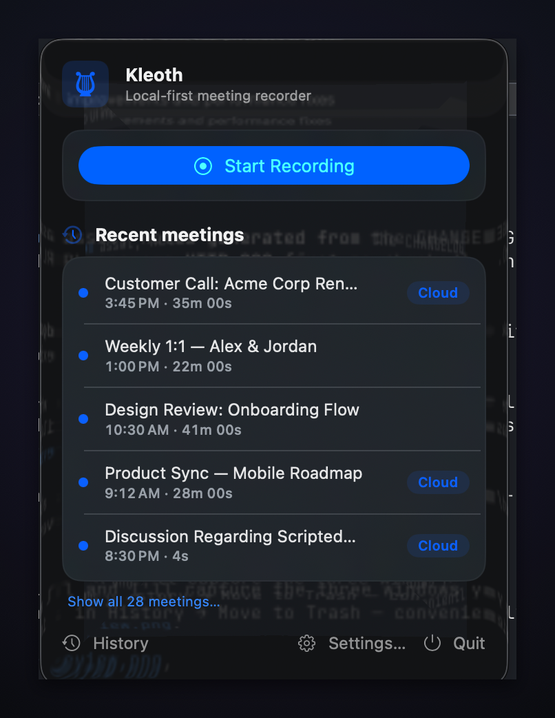 The Kleoth menu-bar popover with a Start Recording button and recent meetings