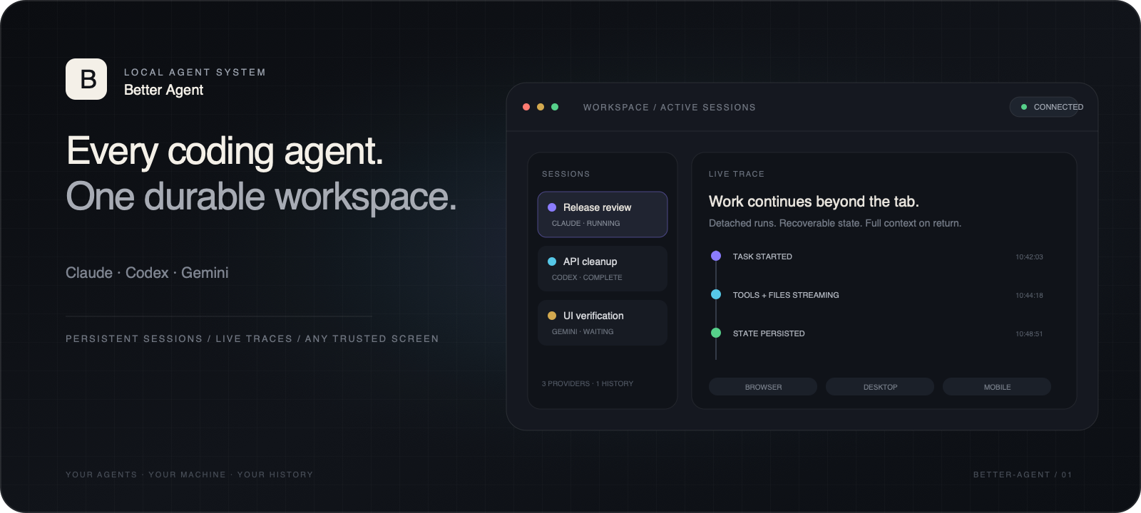 Better Agent — every coding agent in one durable workspace