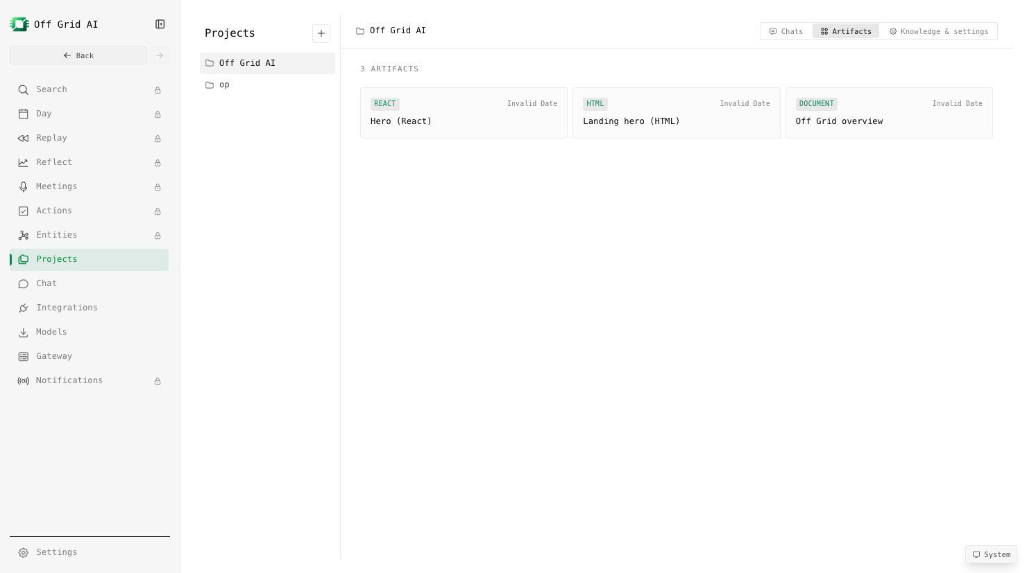 The Artifacts tab. HTML, React, and documents the model generated, rendered in a local sandbox.