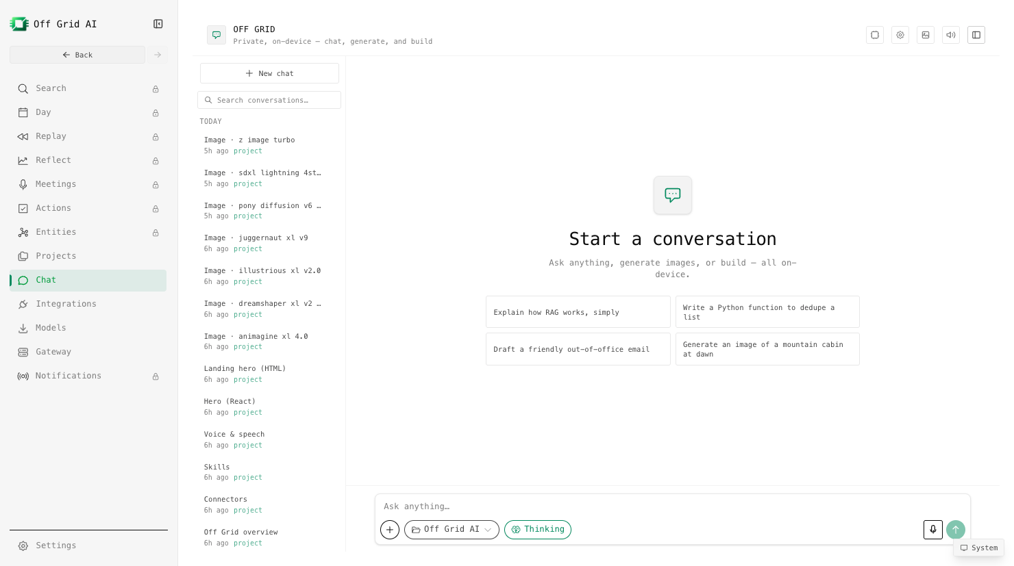 The Off Grid AI Desktop chat, running a local model fully on-device.