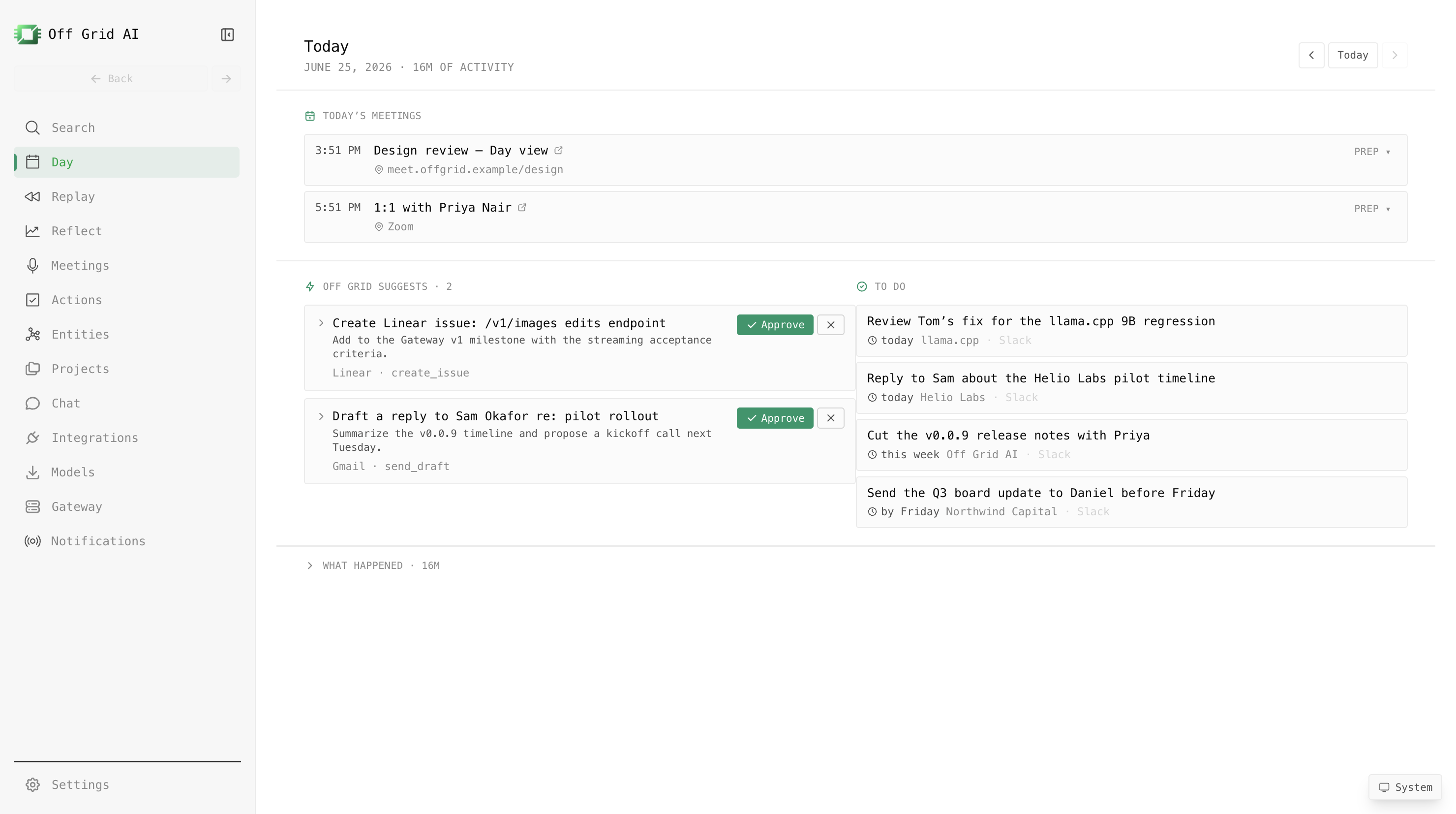 Day lays out your meetings, suggested actions, and to-dos in one place.