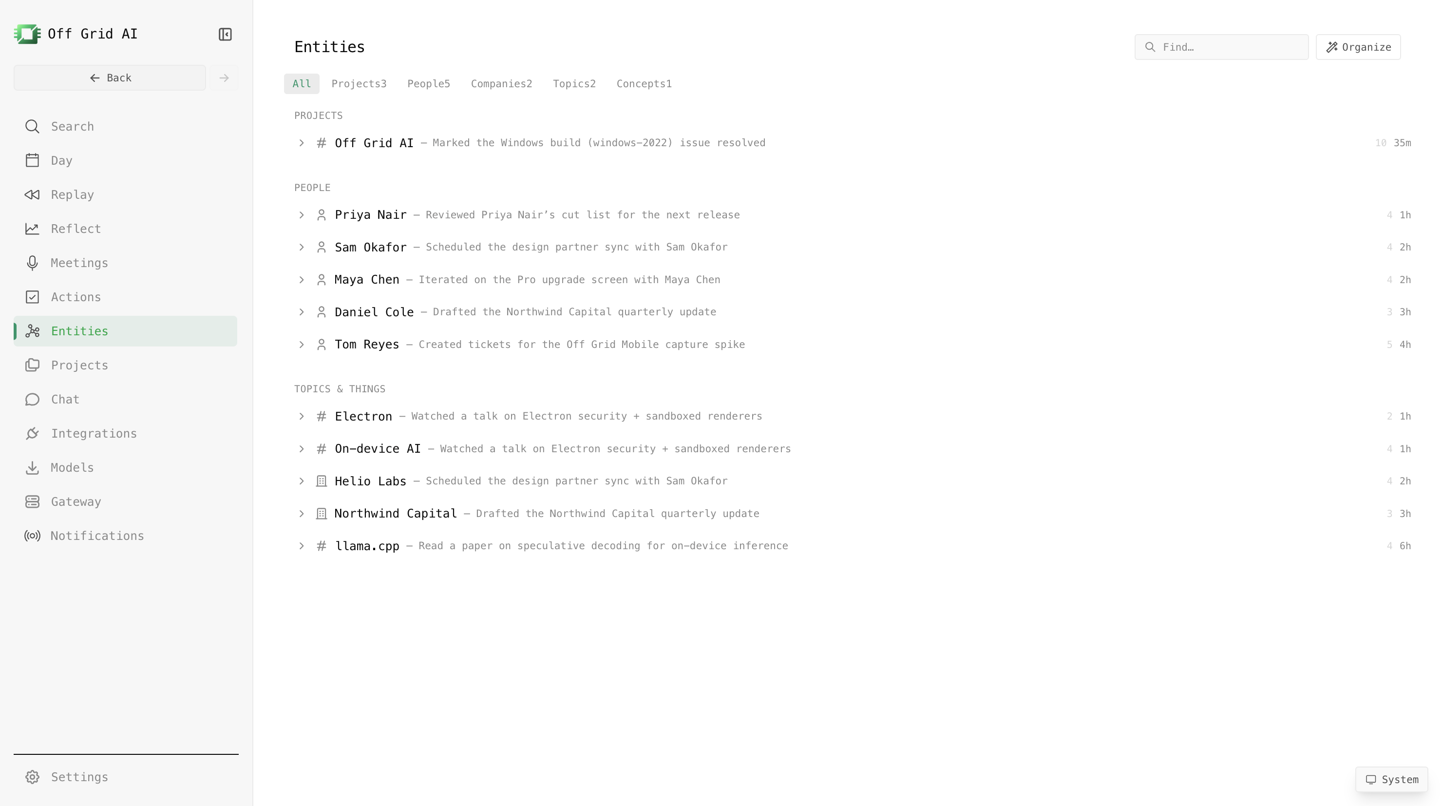 Entities: a private CRM for the people, projects, and topics in your work.