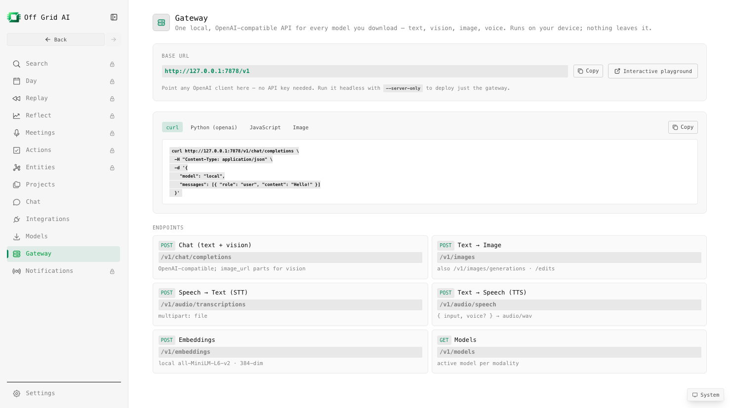 The local gateway: one OpenAI-compatible API at 127.0.0.1:7878 for every modality.