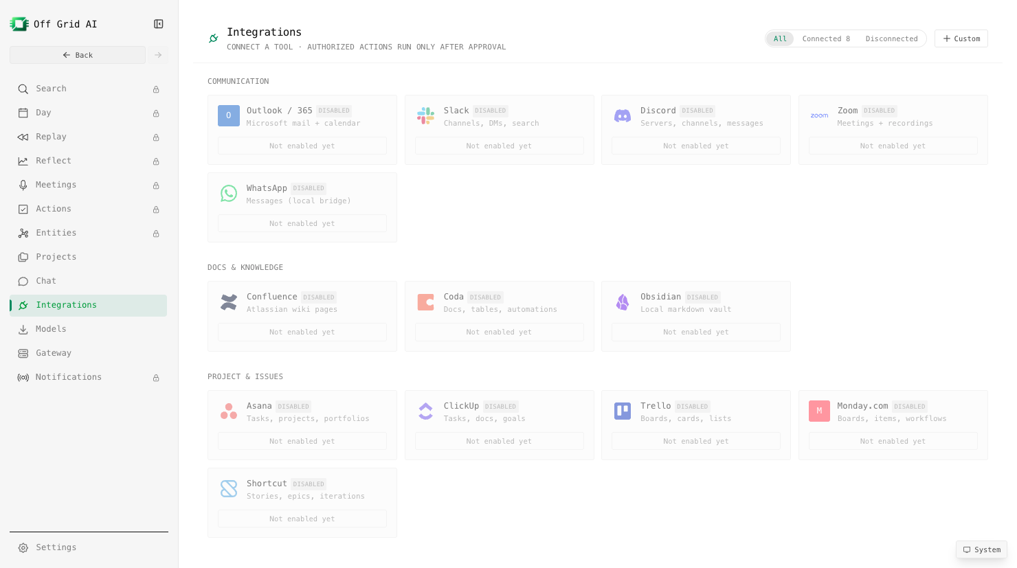 Connectors in Off Grid AI Desktop. Authorized actions run only after you approve them.