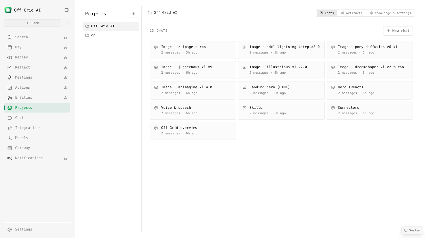 Projects keep related chats, uploaded documents, and generations together.