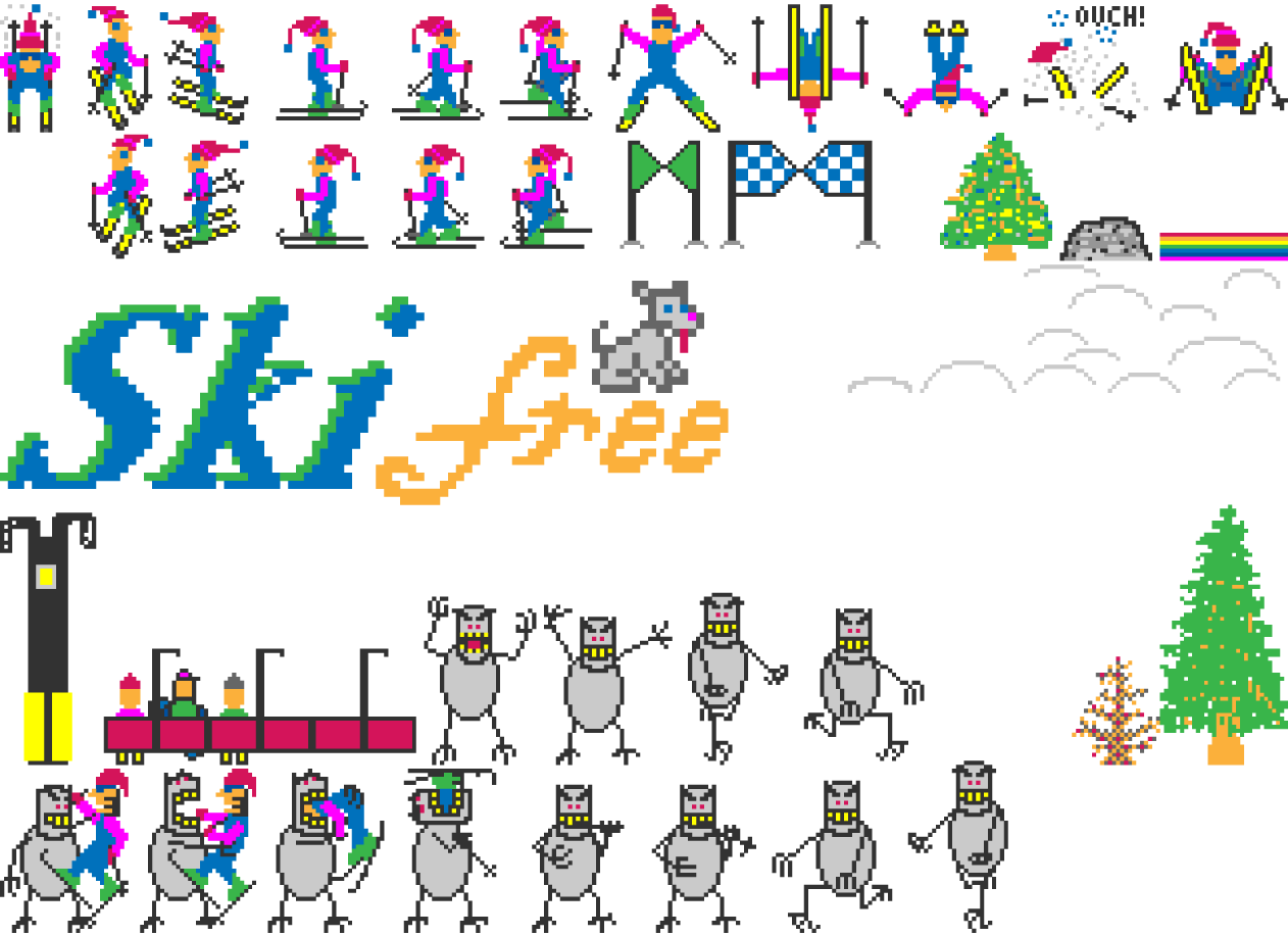 The full game spritesheet: player frames on top, obstacles, yeti, and everything else below