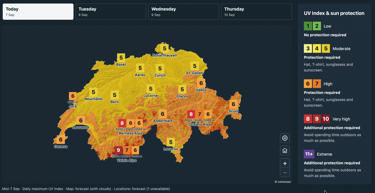 Animated Swiss UV forecast map