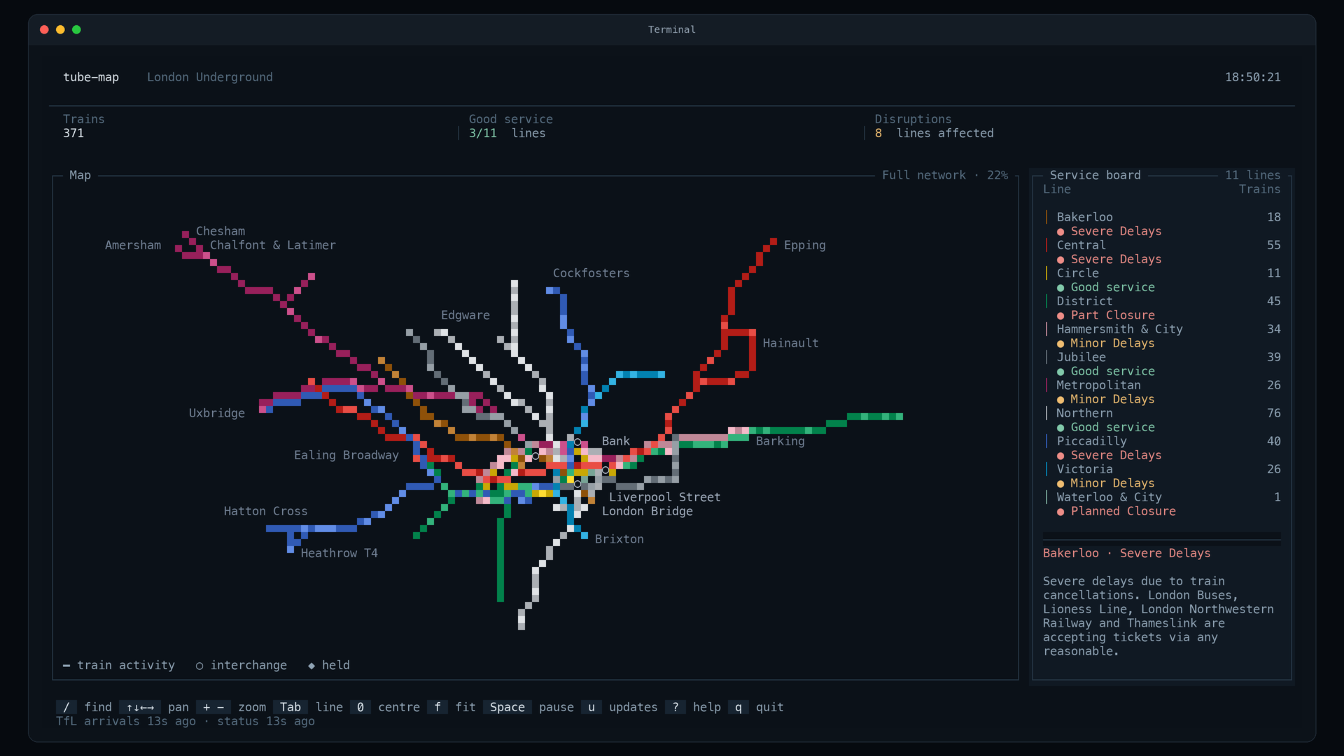 tube-map showing the full Underground network and TfL service status