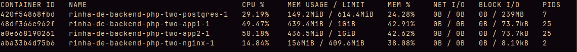 Recusos do docker durante a parte mais pesada do teste