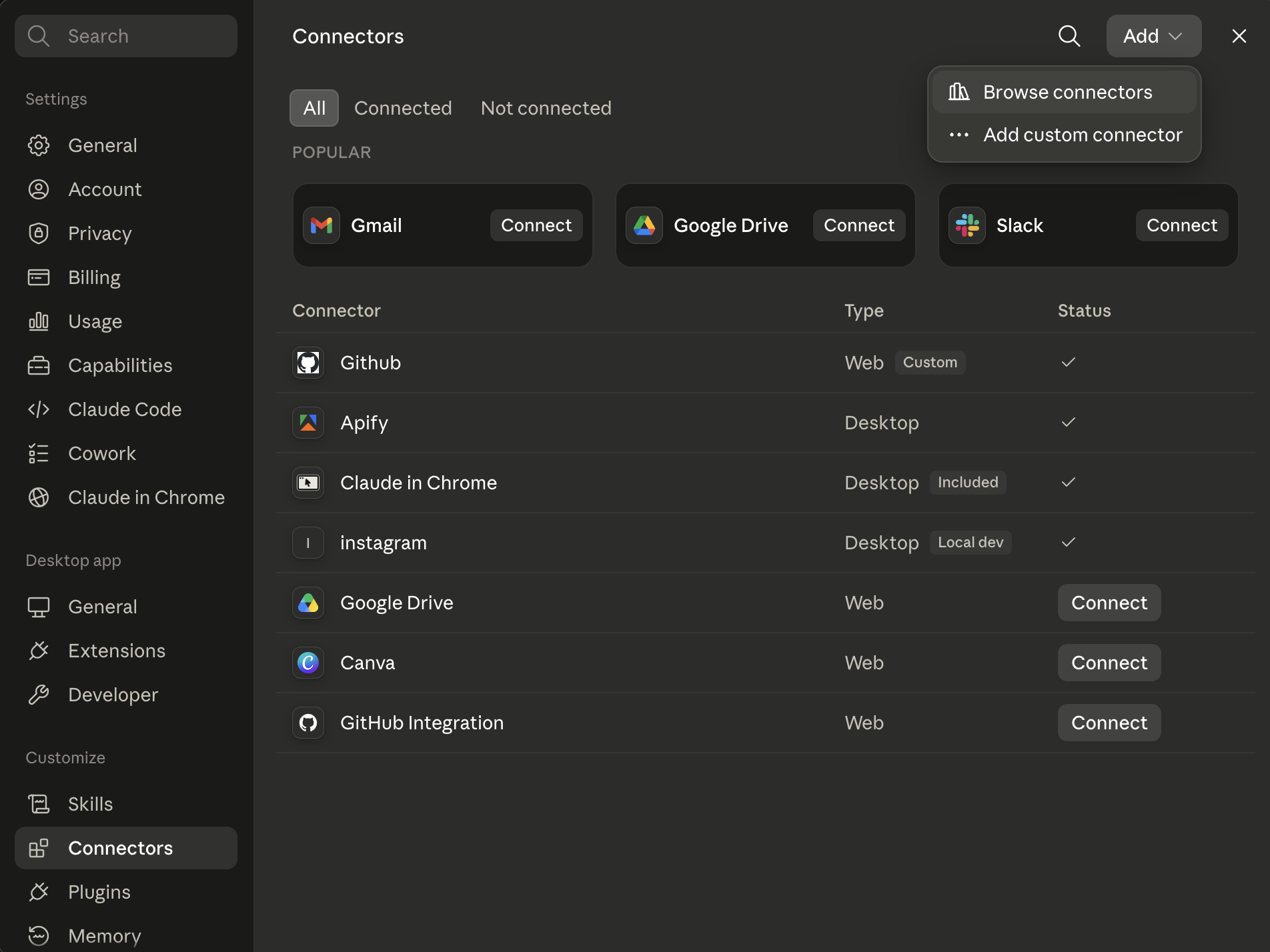 Sekcja Connectors w Claude Desktop z otwartym menu Add