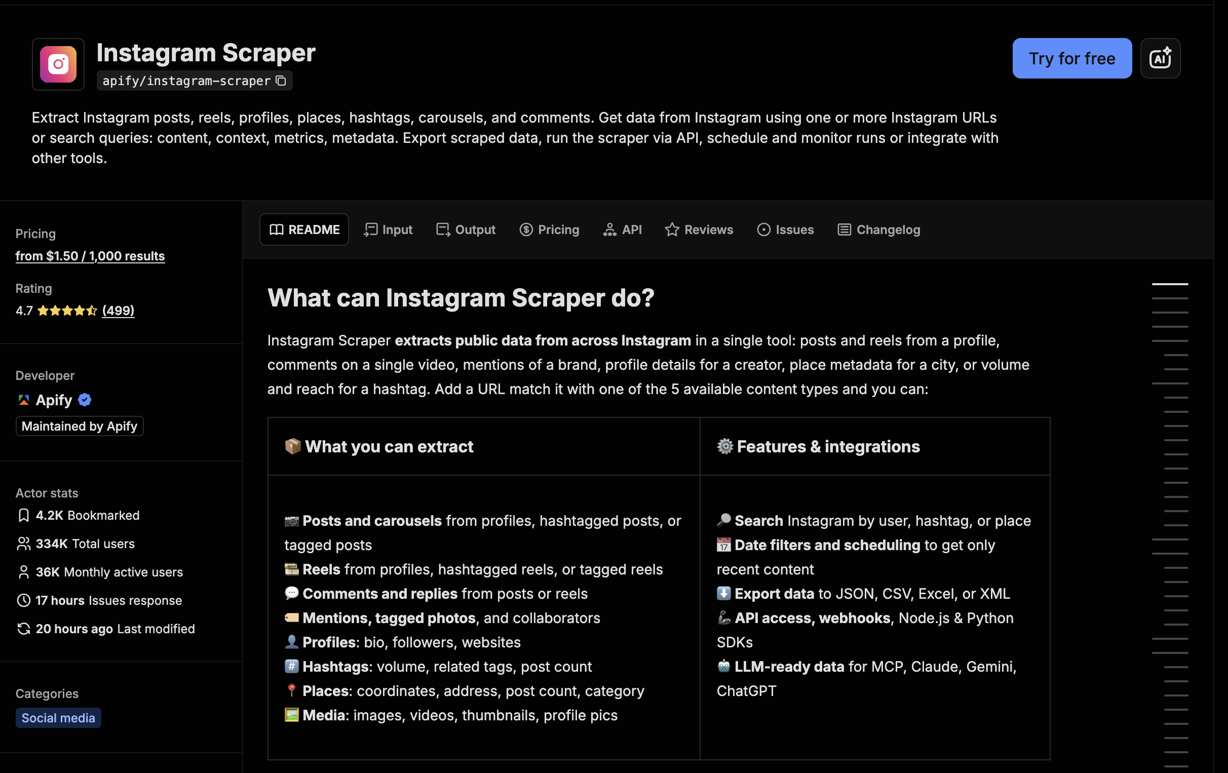 Instagram Scraper w Apify wraz z opisem i ceną za tysiąc wyników