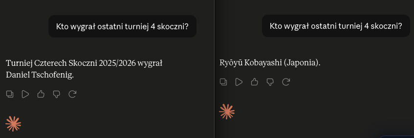 Dwa okna Claude'a, dwa różne modele, to samo pytanie o zwycięzcę turnieju i dwie różne błędne odpowiedzi: Daniel Tschofenig i Ryoyu Kobayashi