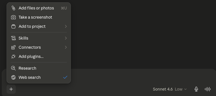 Menu z narzędziami w Claude.ai, w którym właśnie odhaczam Web search