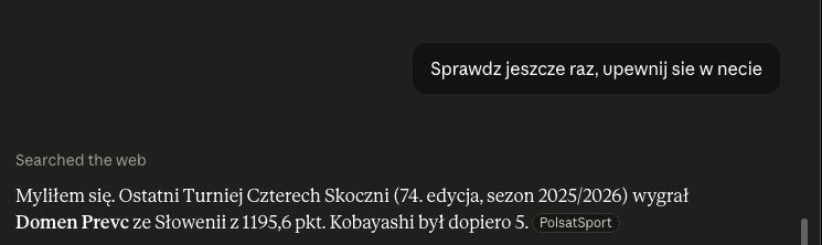 Claude po włączeniu Web search przyznaje błąd i podaje poprawną odpowiedź: Domen Prevc z wynikiem 1195,6 pkt