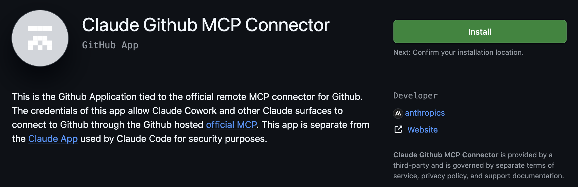 Strona aplikacji Claude GitHub MCP Connector w GitHub Apps