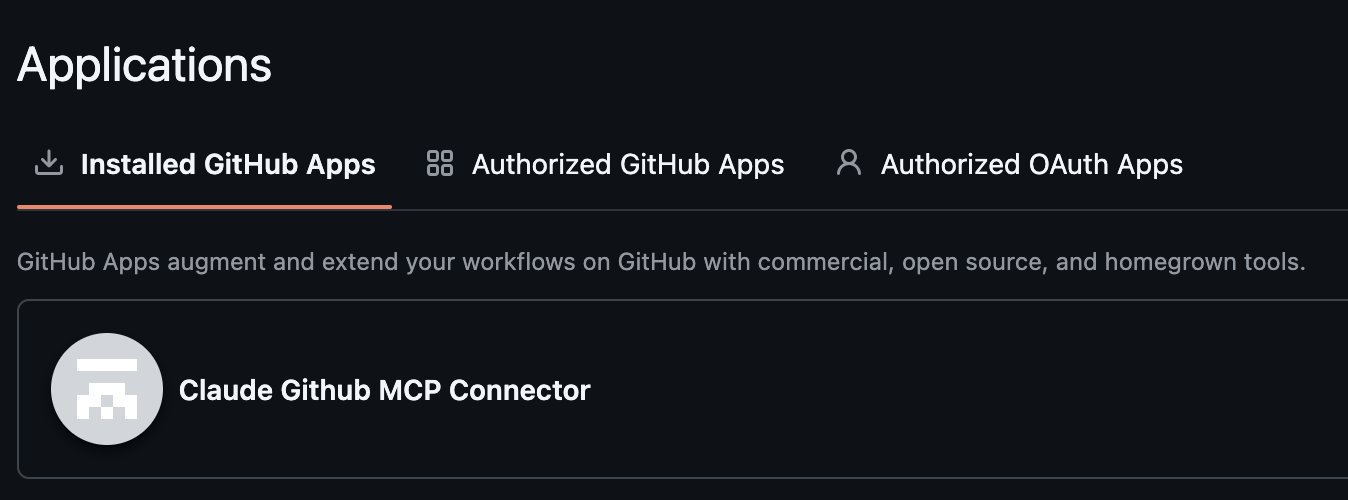 Lista zainstalowanych aplikacji GitHub z widocznym Claude GitHub MCP Connector