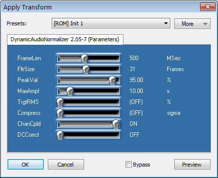The Dynamic Audio Normalizer VST Plug-In interface (in Acoustica 6.0, Copyright © 2014 Acon AS)