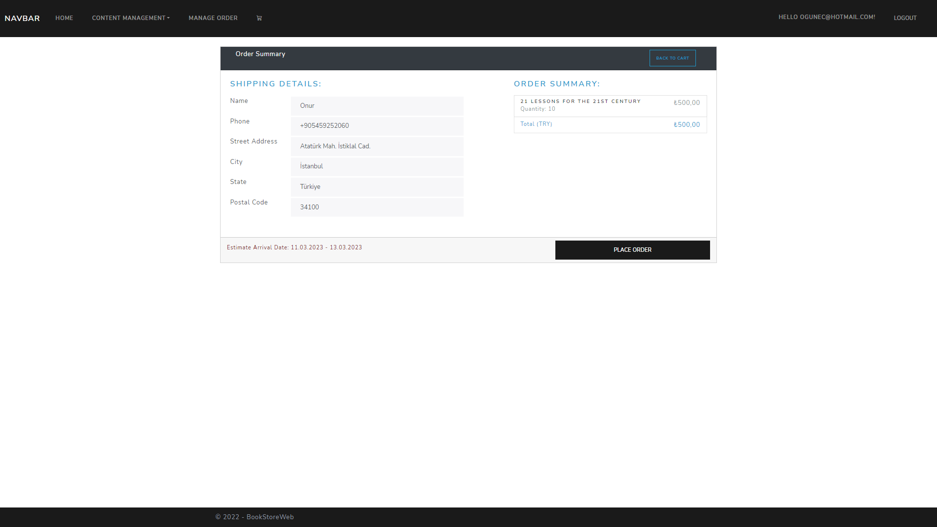 place order page BookStore!