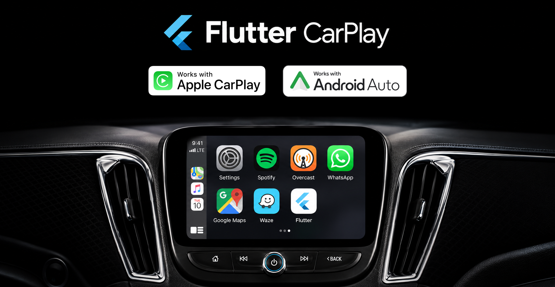 Flutter CarPlay on a physical dashboard, with the original Apple CarPlay and Android Auto compatibility badges.